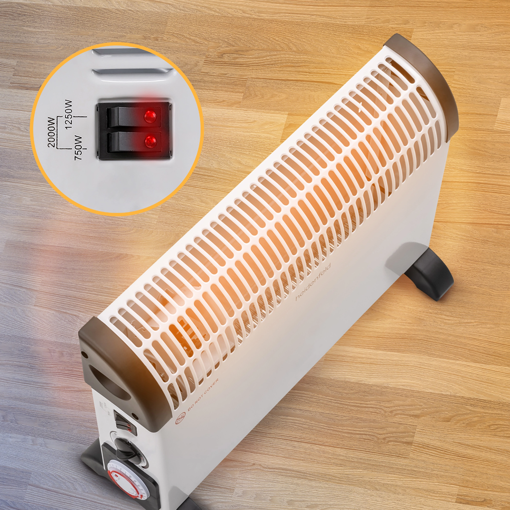 Angeschaltete Elektroheizung, vergr&ouml;&szlig;erter Kippregler zum Einstellen der Heizstufen